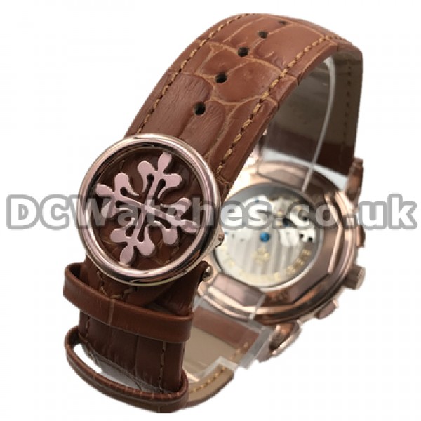 Functional Male 45MM Rose Gold Steel Cases Patek Philippe Complicated Fake Watches With Brown Crocodile Straps