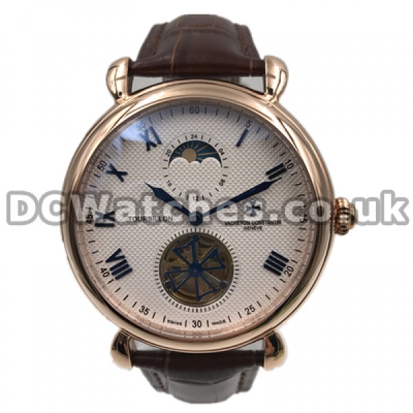 Pretty Rose Gold Steel Cases Vacheron Constantin World Copy Watches For Men With White Dials Online