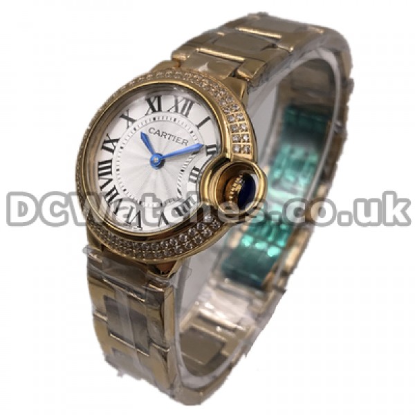 Eye-catching Female White Dials Swiss Ballon Bleu De Cartier Fake Watches With Rose Gold Steel Cases Set Auger