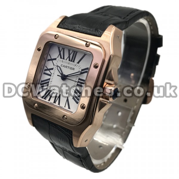 Charming Female Quartz Movements Swiss Cartier Santos 100 Replica Watches With 33MM Rose Gold Steel Cases