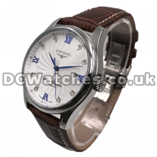 Luxury Blue Hands Longines Master Collection Replica Watches For Men With Steel Cases And Brown Crocodile Straps