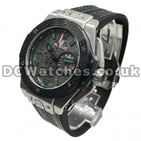 Fashionable Black Bezels And Black Cowhide Straps 44MM Hublot Replica Watches For Men