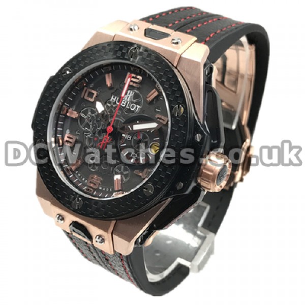 Mysterious Male Quartz Movements Fake Hublot 44MM Watches With Rose Gold Steel Cases