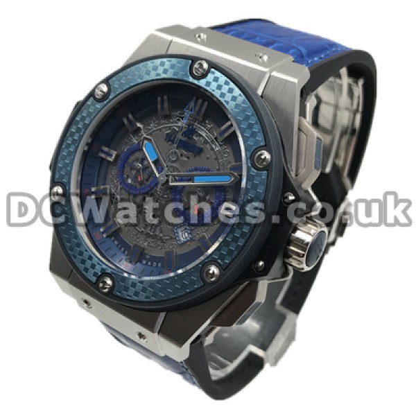 Distinctive Male 46MM Fake Hublot Watches With Grey Dials And Blue Cowhide Straps Online