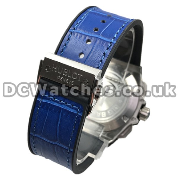 Distinctive Male 46MM Fake Hublot Watches With Grey Dials And Blue Cowhide Straps Online