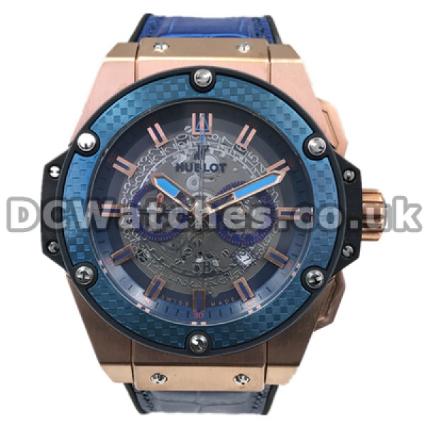 Unique Swiss Rose Gold Steel Cases And Blue Bezels Copy Hublot 46MM Watches For Men