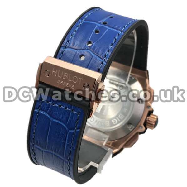 Unique Swiss Rose Gold Steel Cases And Blue Bezels Copy Hublot 46MM Watches For Men