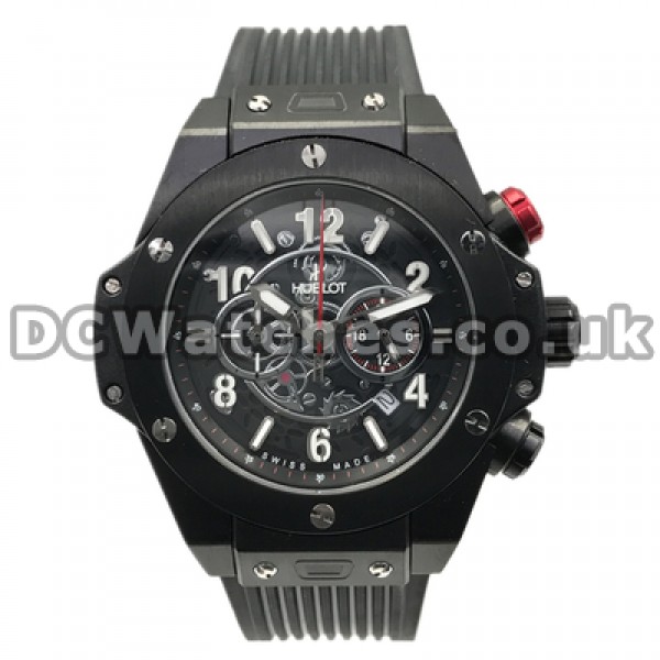 Mysterious Male Quartz Movements 44MM Hublot Copy Watches With Black Straps Online