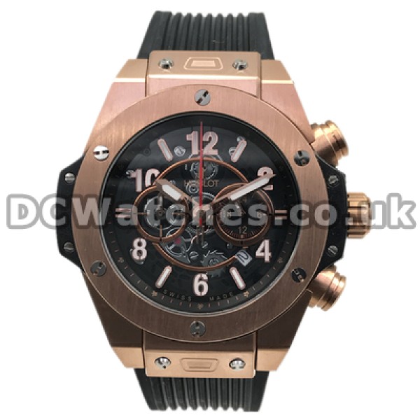 Practical Rose Gold Steel Cases Replica Hublot 44MM Watches For Men With Red Seconds Hands