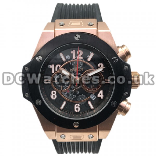 Male Fashionable Black Bezels 44MM Fake Hublot Watches With Rose Gold Steel Cases Online