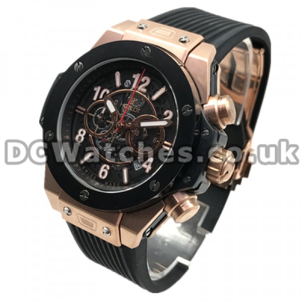 Male Fashionable Black Bezels 44MM Fake Hublot Watches With Rose Gold Steel Cases Online