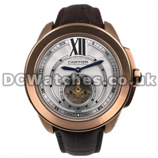 Unique Rose Gold Steel Cases Calibre De Cartier Fake Watches For Men With White Dials Online