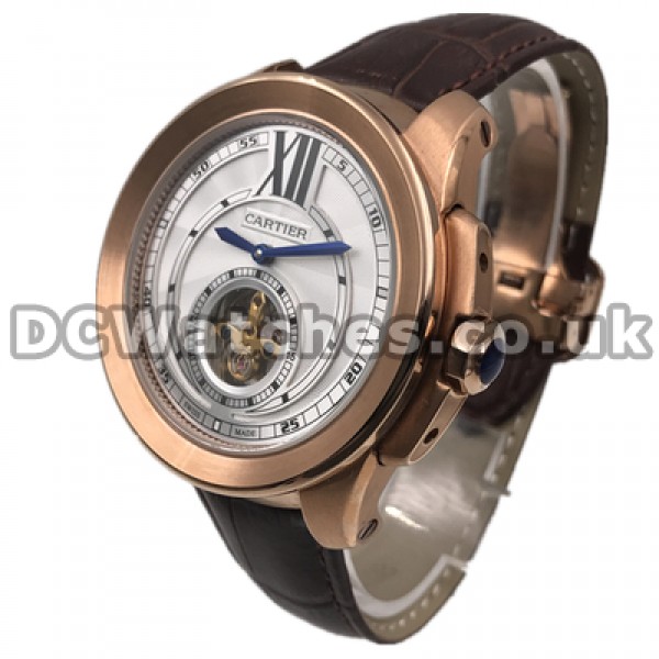 Unique Rose Gold Steel Cases Calibre De Cartier Fake Watches For Men With White Dials Online