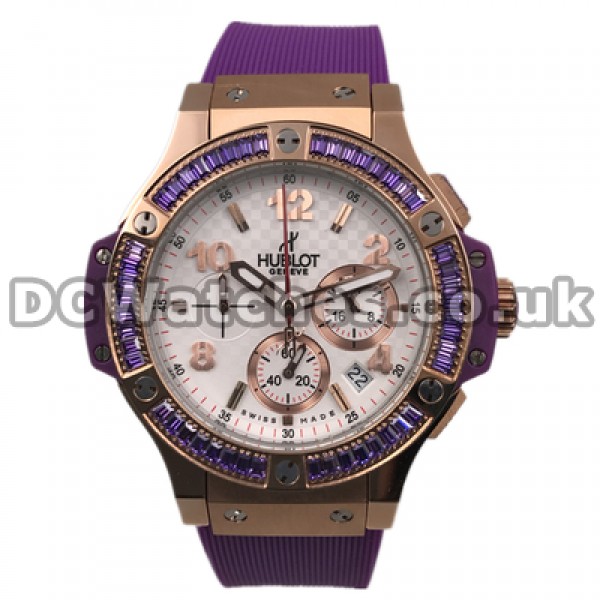 Eye-catching Quartz Movements Female Hublot Big Bang Copy Watches With Bezels Set Purple Auger