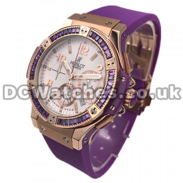 Eye-catching Quartz Movements Female Hublot Big Bang Copy Watches With Bezels Set Purple Auger