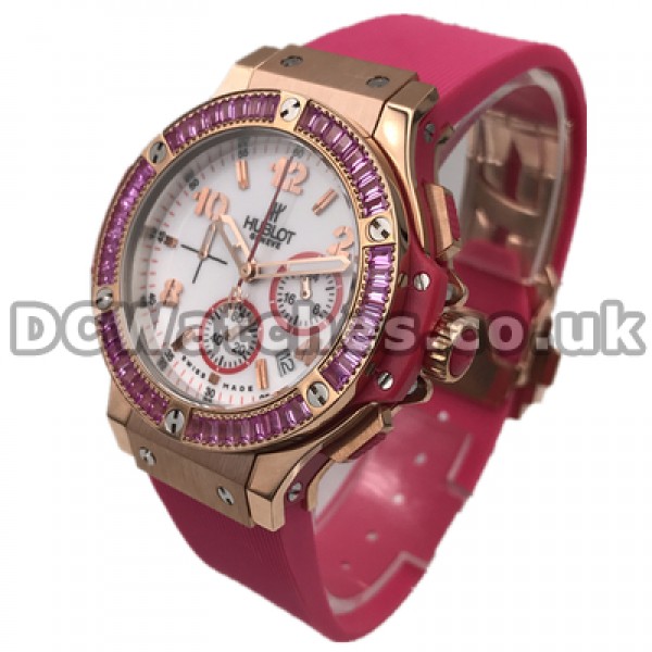 Female Colorful Pink Straps Replica Hublot Big Bang Watches Online With Rose Gold Steel Cases