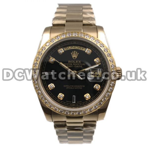 Shiny Male Black Dials 36MM Replica Rolex Day-Date Watches With Gold Steel Cases Set Auger