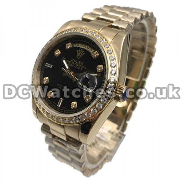 Shiny Male Black Dials 36MM Replica Rolex Day-Date Watches With Gold Steel Cases Set Auger