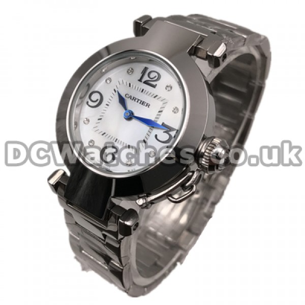 Female Steel Cases Replica Pasha De Cartier Watches With Arabic Numerals And Diamond Indexes