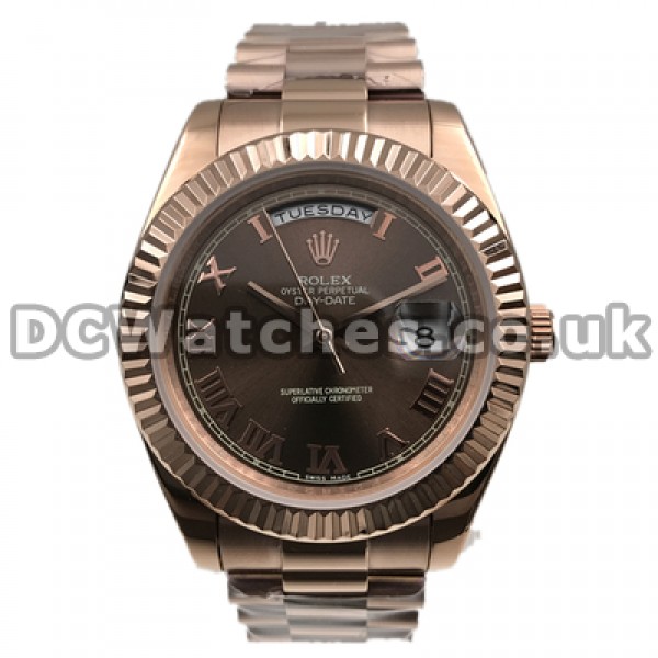 Charming Chocolate Dials Swiss Rolex Day-Date II Fake Watches For Men With Rose Gold Cases
