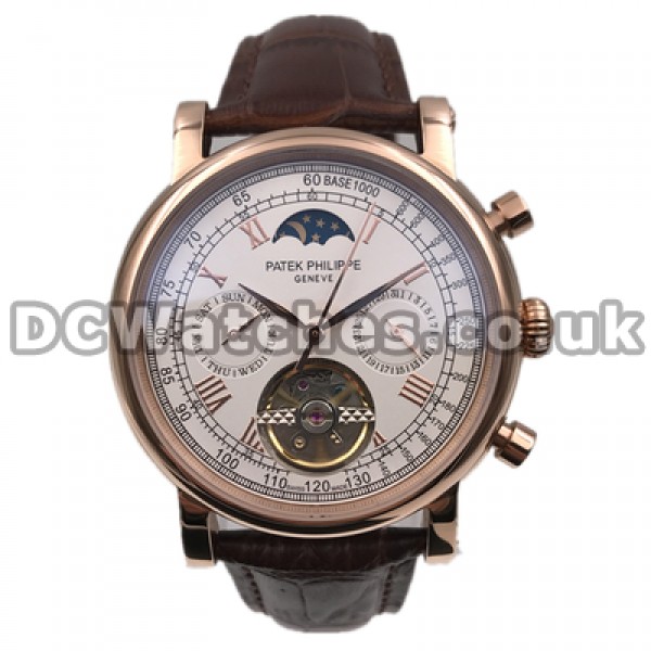 Unique Swiss Male Patek Philippe Astronomical Fake Watches With White Dials And Rose Gold Steel Cases