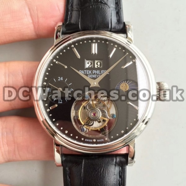 AAA Quality Black Dials Manual-winding Patek Philippe Tourbillon Replica Watches With 42MM Male For Sale