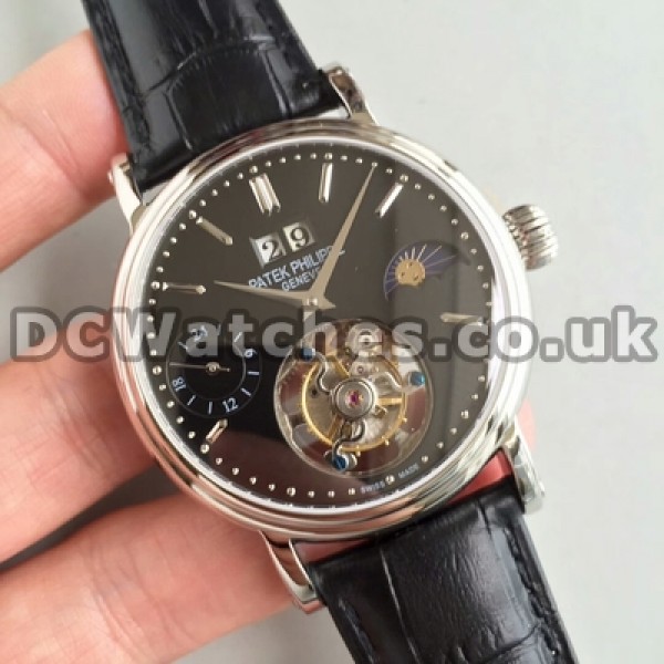 AAA Quality Black Dials Manual-winding Patek Philippe Tourbillon Replica Watches With 42MM Male For Sale