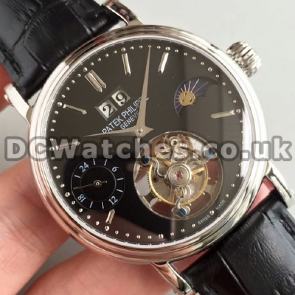 AAA Quality Black Dials Manual-winding Patek Philippe Tourbillon Replica Watches With 42MM Male For Sale